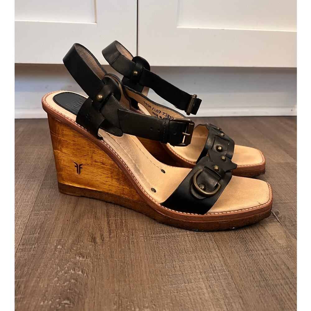 Frye Rachael Wood & Leather Wedge Square Toe Sandals